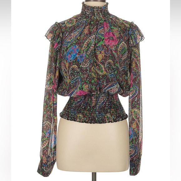 Lavender Brown Paisley & Floral Smocked Blouse with Mandarin Collar Size Large L - Picture 2 of 8